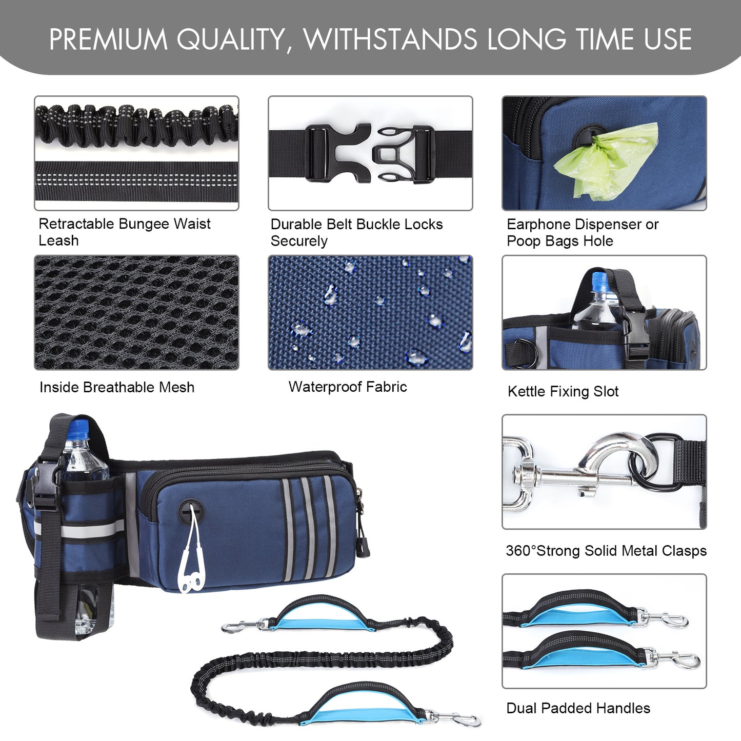 Hands-Free Waist Belt Retractable Bungee Leash with Zipper Pouch